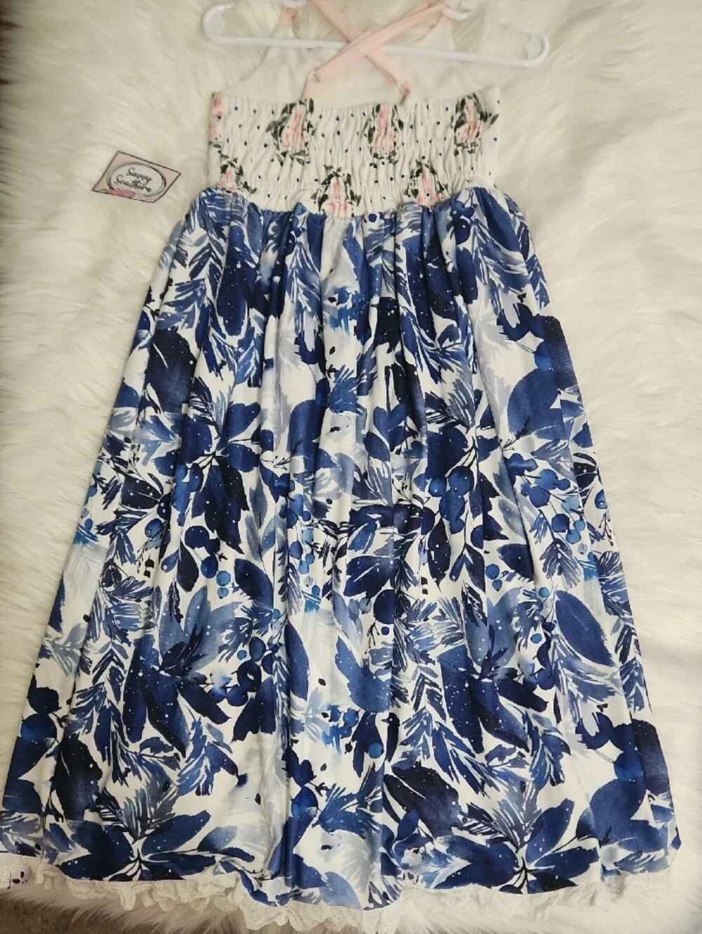 Blue Floral Maxi Dress with Pink Rose Bodice - Girls Size 4 - Brand: Sweet Honey
